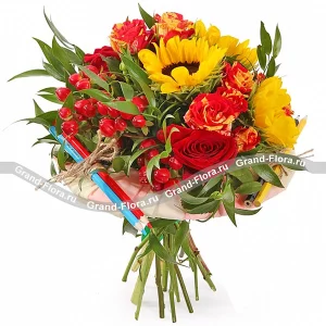 Школьная пора - букет с подсолнухами и красными розами